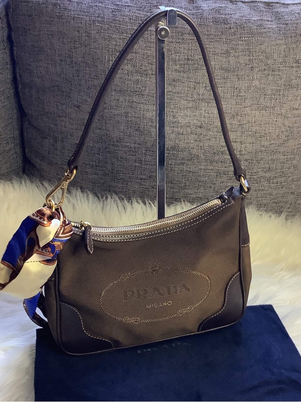 Prada Brown Shoulder Bag with Scarf Accent